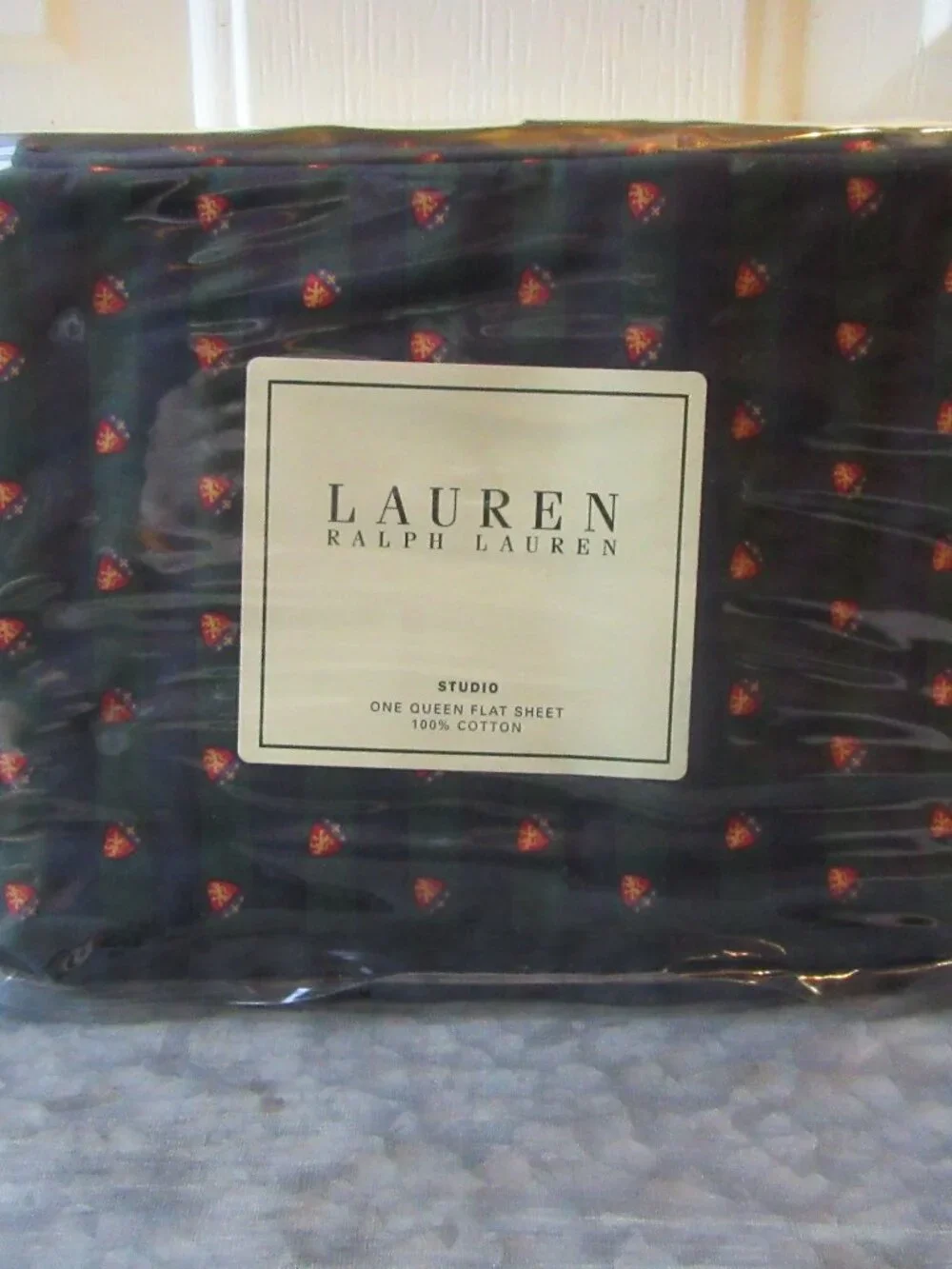 New in Package Unused Vintage Ralph Lauren Queen Flat Sheet Studio Crest Stripe